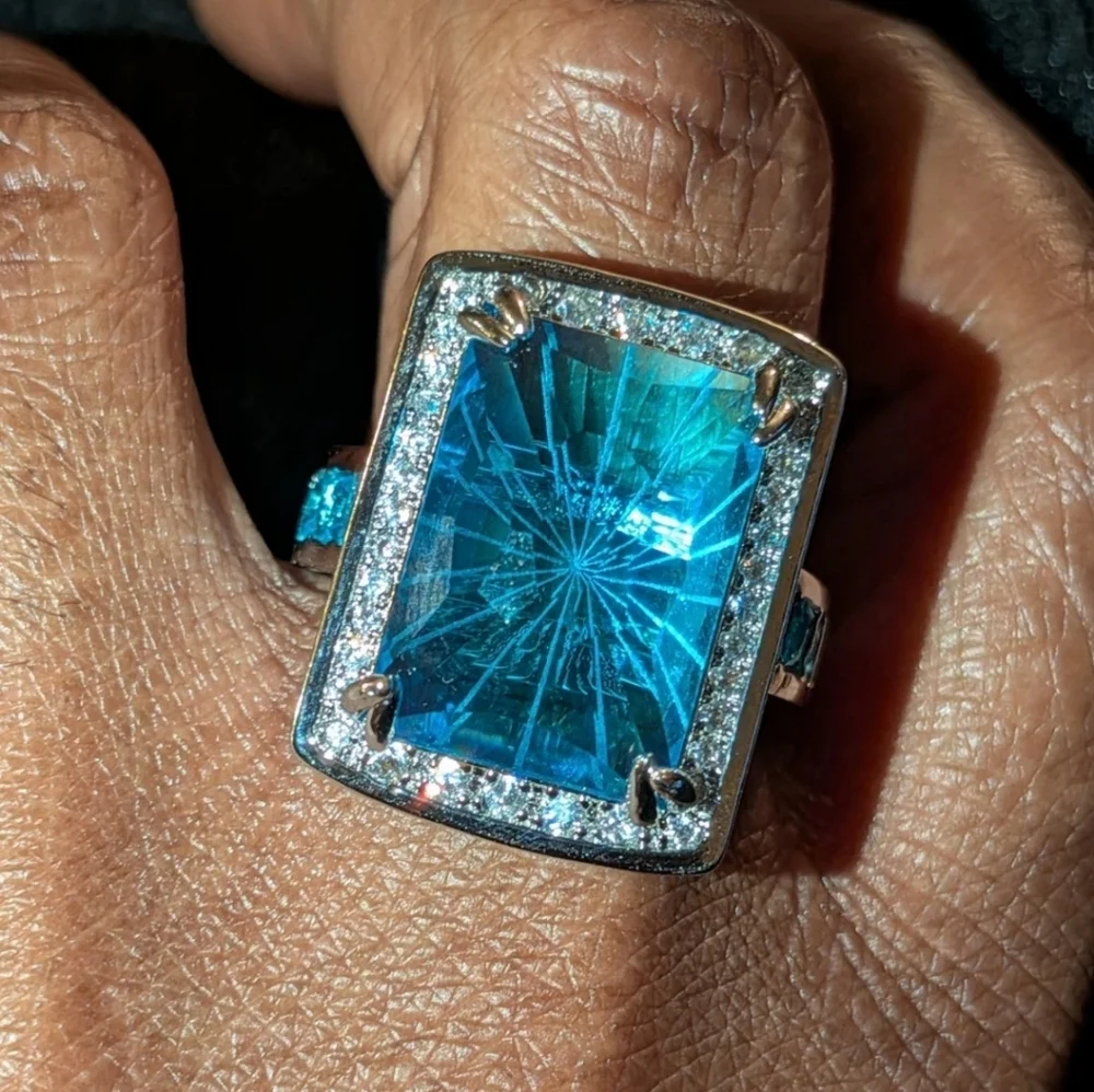 12 TCW Swiss Blue topaz & White Sapphire Luxurious 925 Silver Statement Ring Sz9